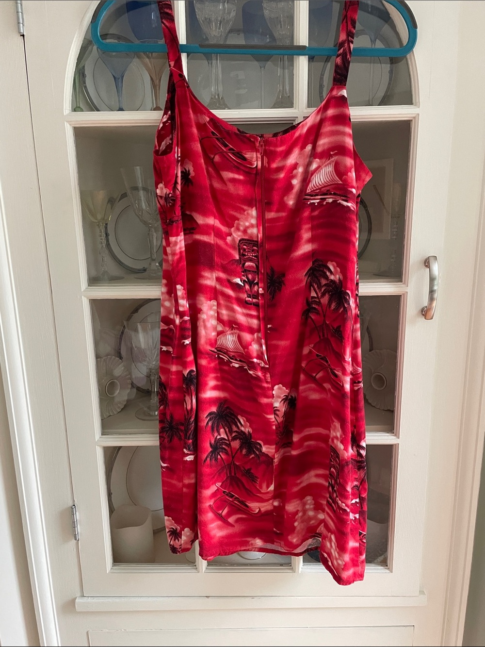 Red Tropical Slip Dress with Palm Print - Picture 2 of 7